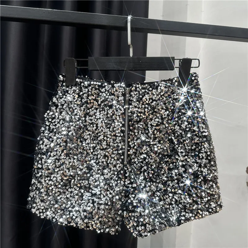 High Quality Sexy Sequins Shiny Zipper Shorts Women Nightclub Hot Pants for Women Black Silver
