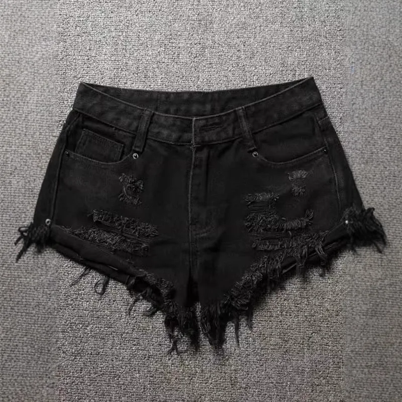 Black Denim Super Shorts Women Summer New Low-rise Ripped Shorts Crimped Sexy Hot Pants