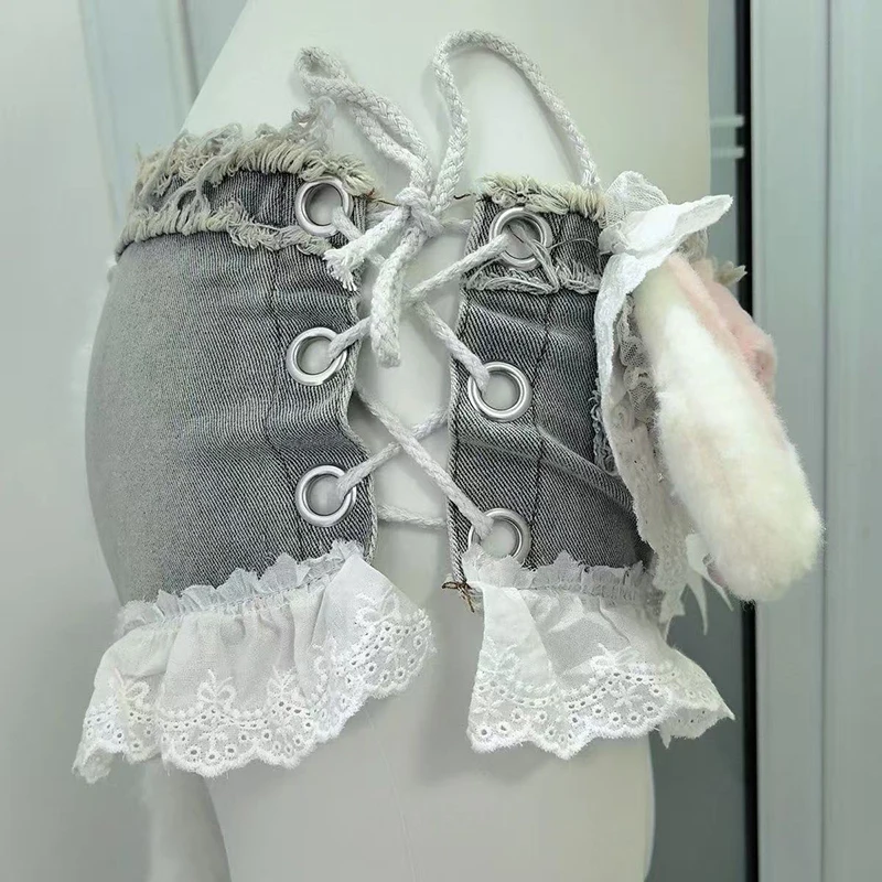 Y2K Sexy Lace Up Denim Shorts Women Summer Streetwear Cute Doll Splicing Hot Girl Shorts Fashion Low Waist Lace Patchwork Jeans