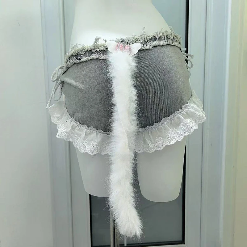 Y2K Sexy Lace Up Denim Shorts Women Summer Streetwear Cute Doll Splicing Hot Girl Shorts Fashion Low Waist Lace Patchwork Jeans