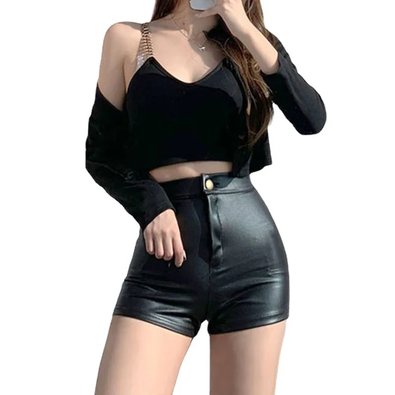 Sexy Black PU Fashion Casual Summer Shorts Women Clothing Faux Leather Goth High Waisted Womens Shorts Y2k Hot Woman Short Pants