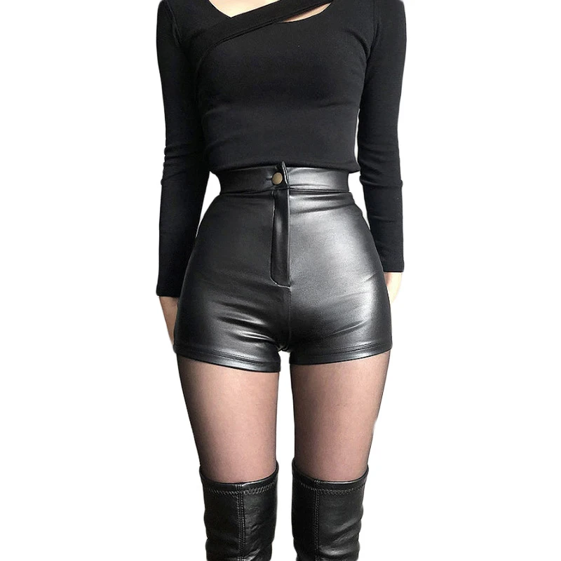 Sexy Black PU Fashion Casual Summer Shorts Women Clothing Faux Leather Goth High Waisted Womens Shorts Y2k Hot Woman Short Pants