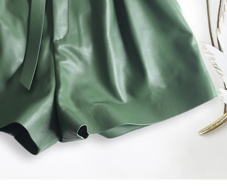 Women Harajuku Genuine Leather Bud Pleated Falbala Shorts With Belt Femme High Waist Hhaki/Green Casual Mujer Sexy Booty Shorts