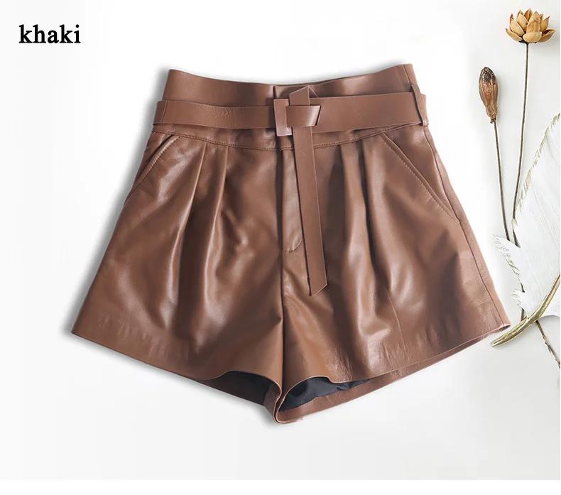 Women Harajuku Genuine Leather Bud Pleated Falbala Shorts With Belt Femme High Waist Hhaki/Green Casual Mujer Sexy Booty Shorts