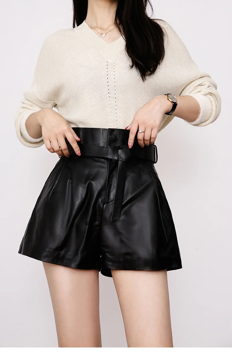 Women Harajuku Genuine Leather Bud Pleated Falbala Shorts With Belt Femme High Waist Hhaki/Green Casual Mujer Sexy Booty Shorts