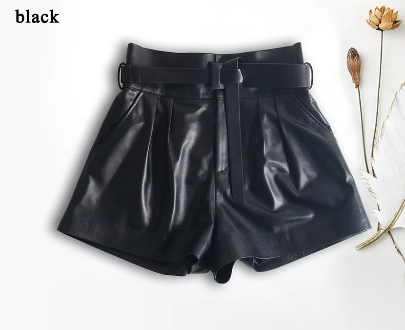 Women Harajuku Genuine Leather Bud Pleated Falbala Shorts With Belt Femme High Waist Hhaki/Green Casual Mujer Sexy Booty Shorts