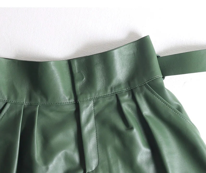 Women Harajuku Genuine Leather Bud Pleated Falbala Shorts With Belt Femme High Waist Hhaki/Green Casual Mujer Sexy Booty Shorts