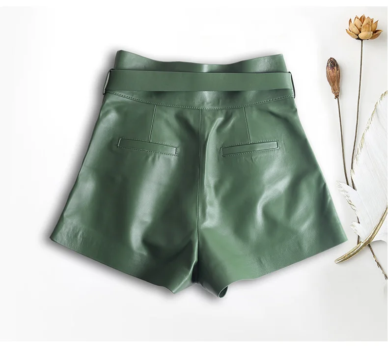Women Harajuku Genuine Leather Bud Pleated Falbala Shorts With Belt Femme High Waist Hhaki/Green Casual Mujer Sexy Booty Shorts
