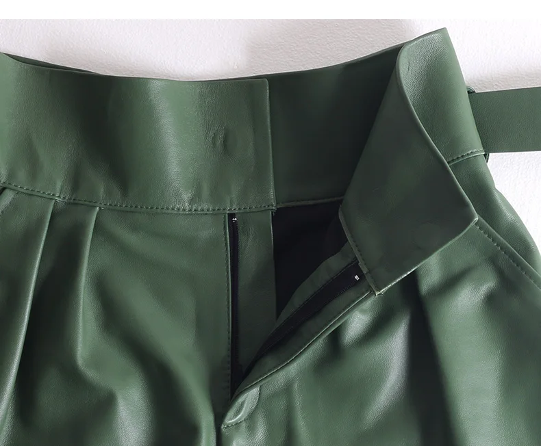 Women Harajuku Genuine Leather Bud Pleated Falbala Shorts With Belt Femme High Waist Hhaki/Green Casual Mujer Sexy Booty Shorts