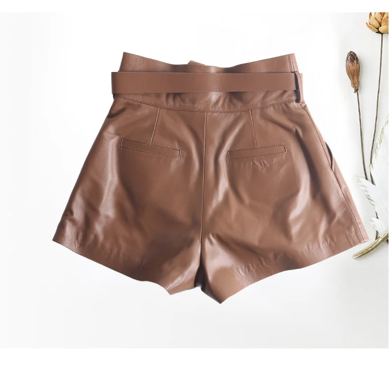 Women Harajuku Genuine Leather Bud Pleated Falbala Shorts With Belt Femme High Waist Hhaki/Green Casual Mujer Sexy Booty Shorts