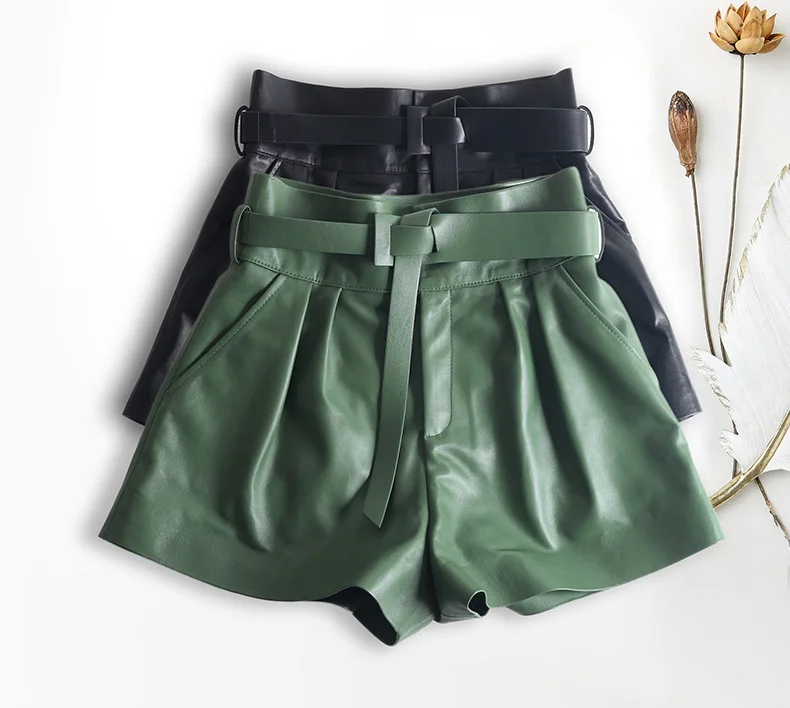 Women Harajuku Genuine Leather Bud Pleated Falbala Shorts With Belt Femme High Waist Hhaki/Green Casual Mujer Sexy Booty Shorts