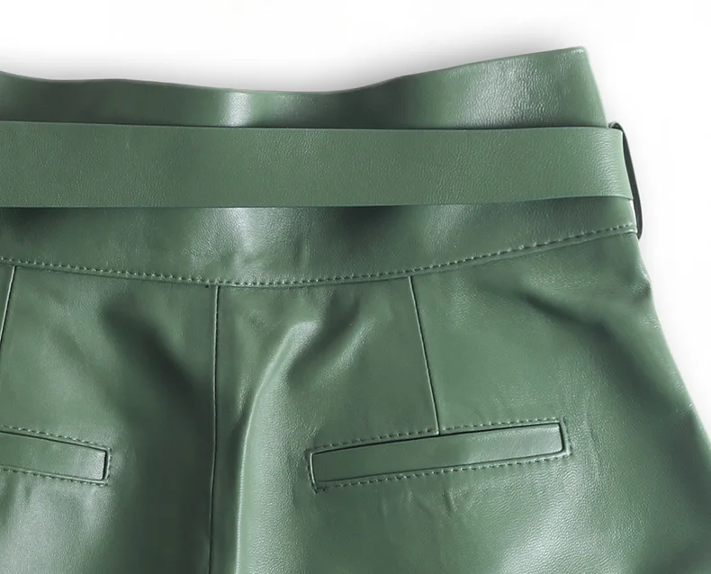 Women Harajuku Genuine Leather Bud Pleated Falbala Shorts With Belt Femme High Waist Hhaki/Green Casual Mujer Sexy Booty Shorts