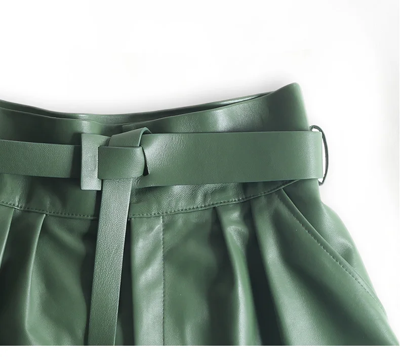 Women Harajuku Genuine Leather Bud Pleated Falbala Shorts With Belt Femme High Waist Hhaki/Green Casual Mujer Sexy Booty Shorts