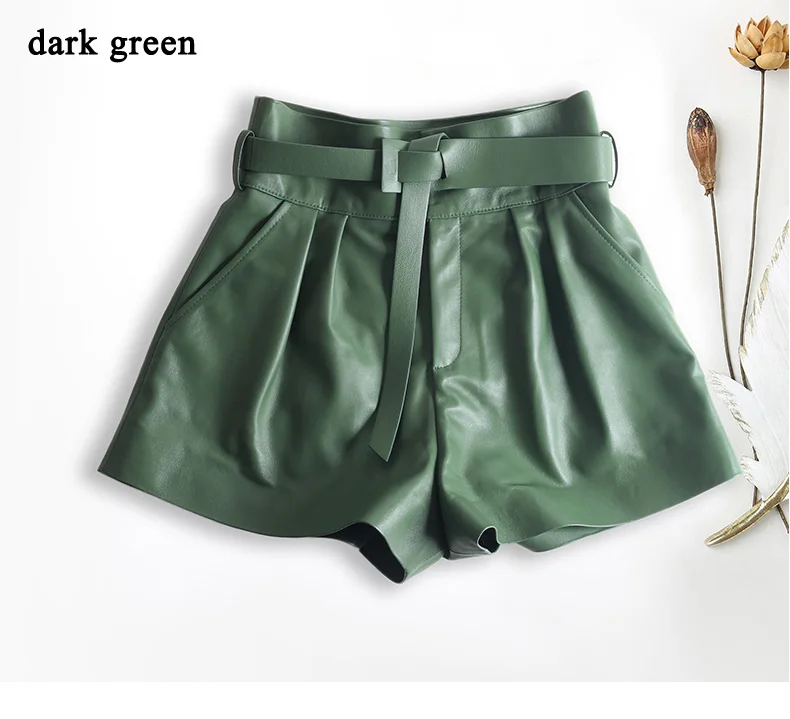 Women Harajuku Genuine Leather Bud Pleated Falbala Shorts With Belt Femme High Waist Hhaki/Green Casual Mujer Sexy Booty Shorts