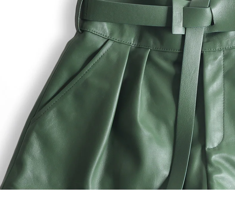 Women Harajuku Genuine Leather Bud Pleated Falbala Shorts With Belt Femme High Waist Hhaki/Green Casual Mujer Sexy Booty Shorts