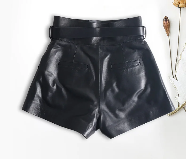 Women Harajuku Genuine Leather Bud Pleated Falbala Shorts With Belt Femme High Waist Hhaki/Green Casual Mujer Sexy Booty Shorts