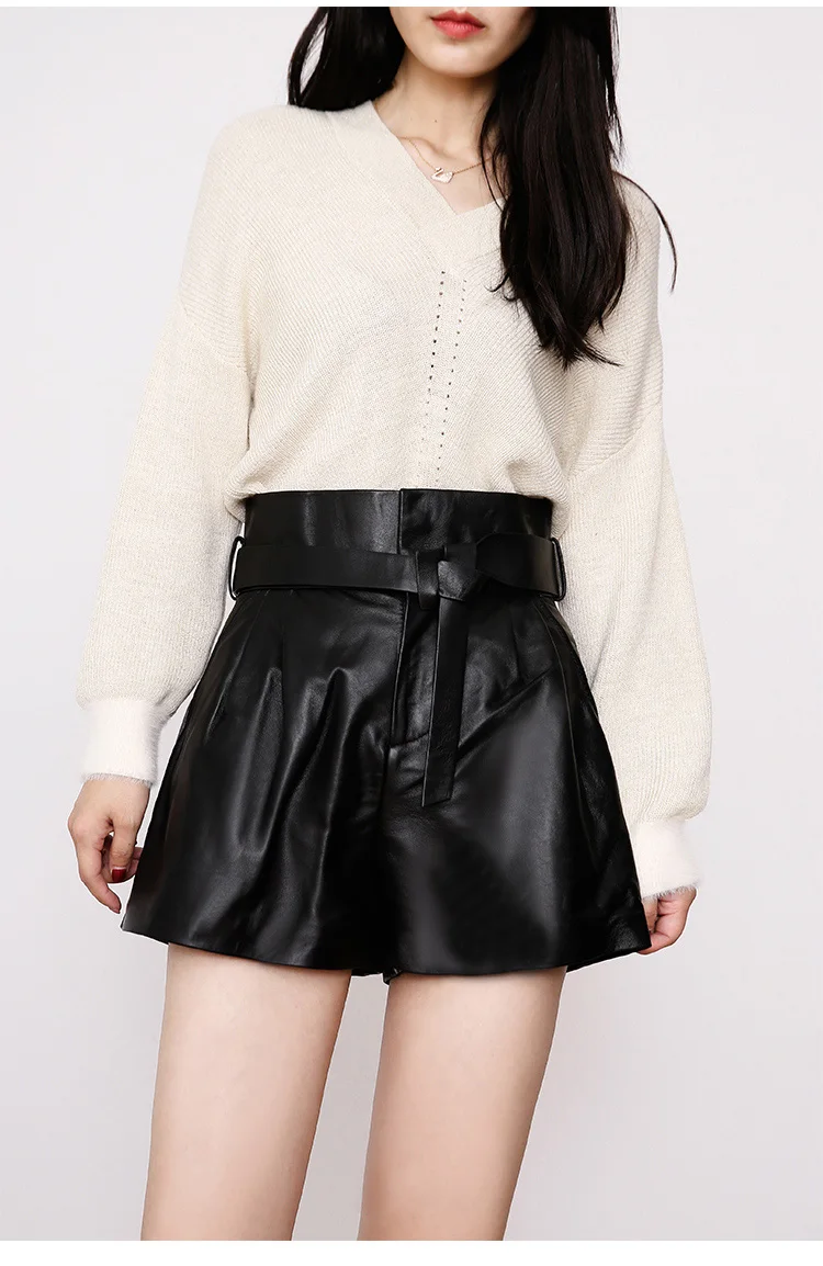 Women Harajuku Genuine Leather Bud Pleated Falbala Shorts With Belt Femme High Waist Hhaki/Green Casual Mujer Sexy Booty Shorts