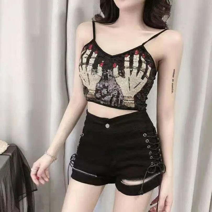 2026 New Summer Hot Girl Strap Shorts Female Street Clothing Female Anchor Sexy Mid Waist Elastic Wide Legs Black White