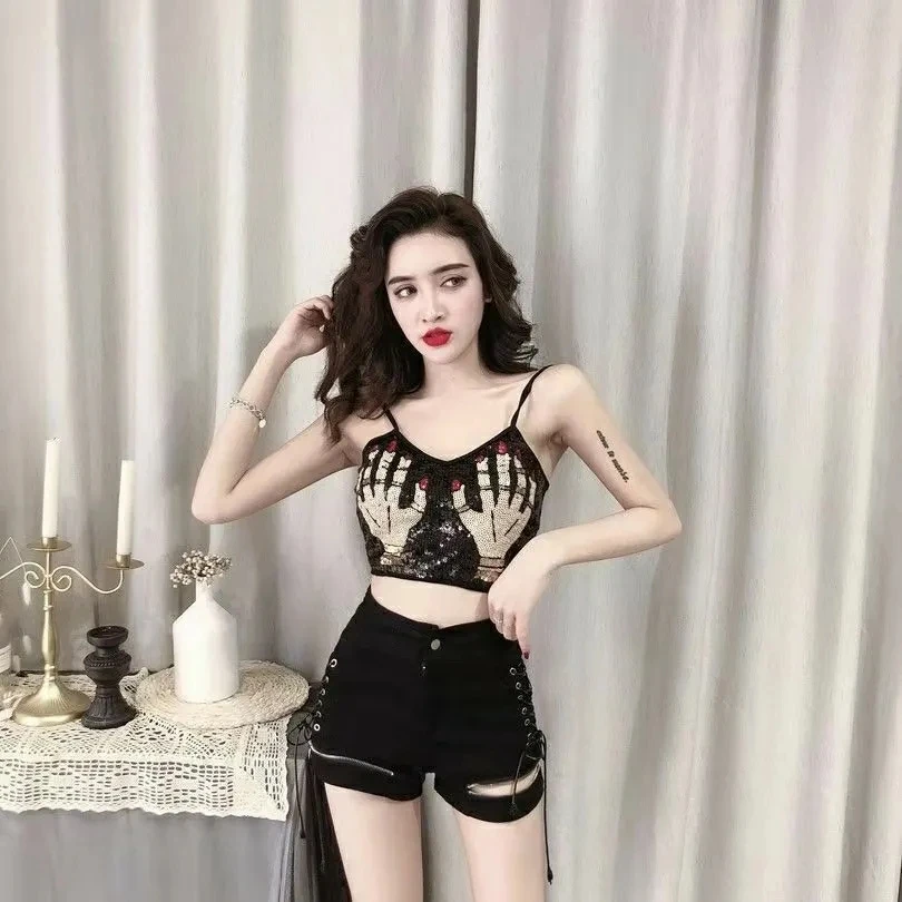 2026 New Summer Hot Girl Strap Shorts Female Street Clothing Female Anchor Sexy Mid Waist Elastic Wide Legs Black White