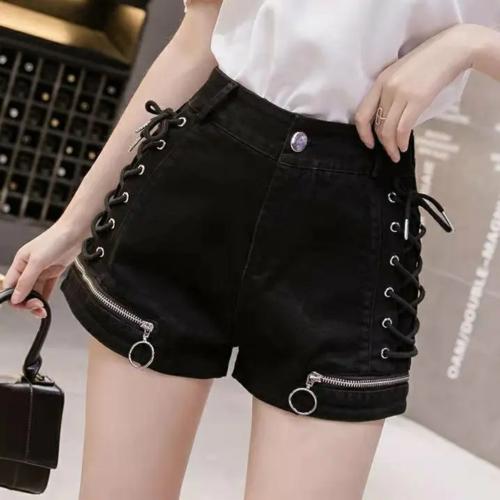 2026 New Summer Hot Girl Strap Shorts Female Street Clothing Female Anchor Sexy Mid Waist Elastic Wide Legs Black White