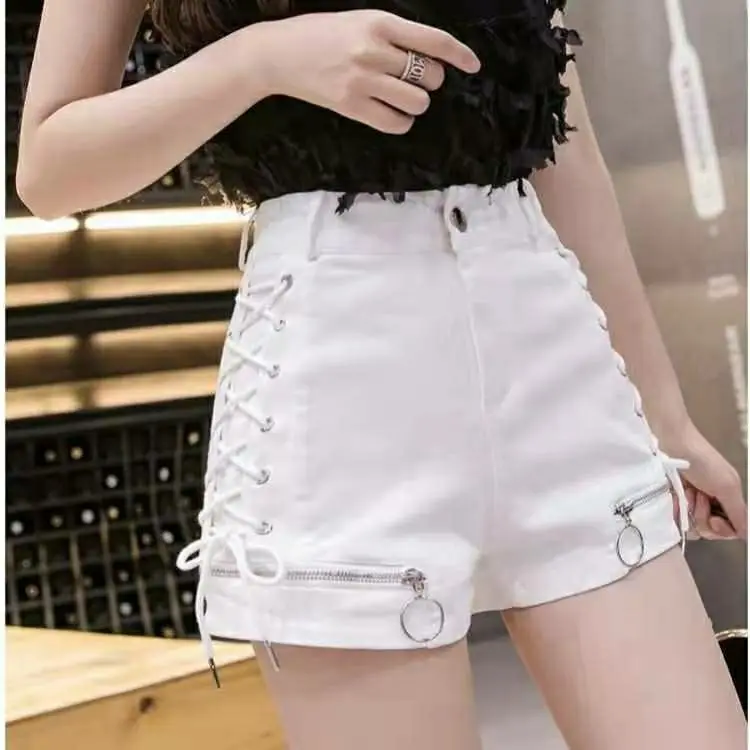 2026 New Summer Hot Girl Strap Shorts Female Street Clothing Female Anchor Sexy Mid Waist Elastic Wide Legs Black White