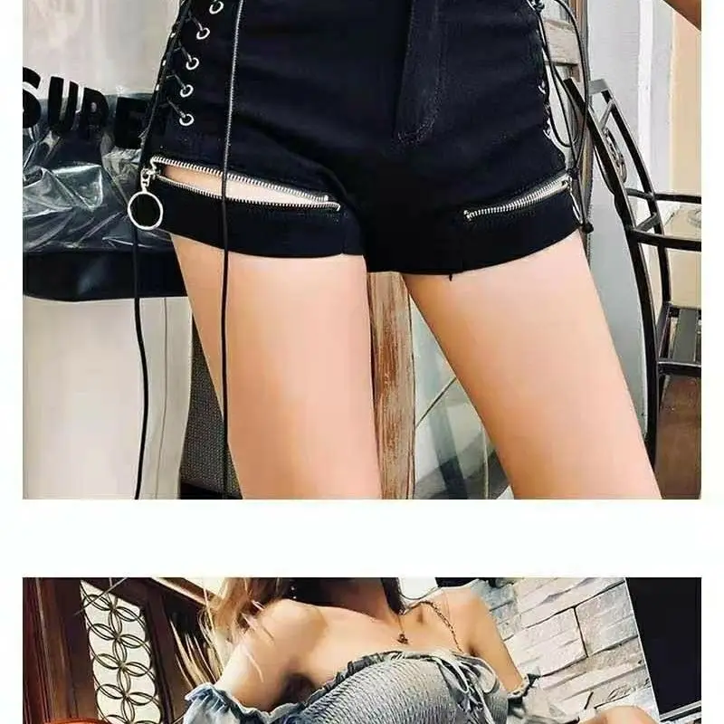 2026 New Summer Hot Girl Strap Shorts Female Street Clothing Female Anchor Sexy Mid Waist Elastic Wide Legs Black White