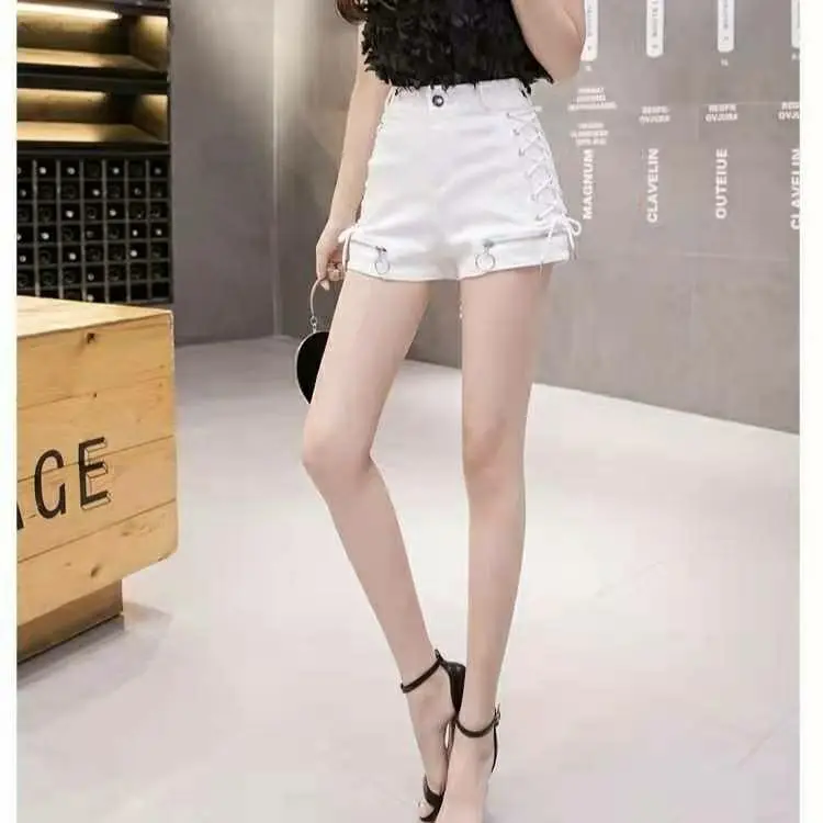 2026 New Summer Hot Girl Strap Shorts Female Street Clothing Female Anchor Sexy Mid Waist Elastic Wide Legs Black White