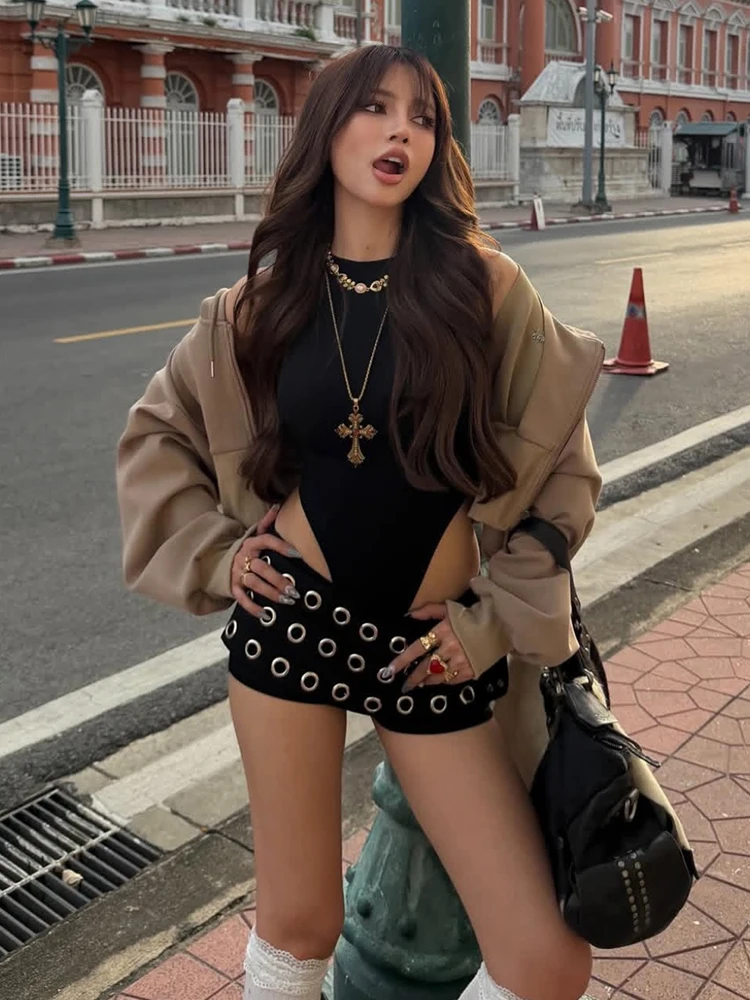 Kliou High Street Style Mini Shorts Woman Metal Rings Hollow Decoration Elastic High Waist Hot Girls Sexy Fashion Skinny Bottoms