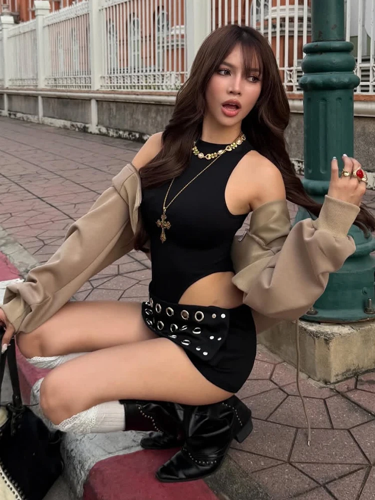 Kliou High Street Style Mini Shorts Woman Metal Rings Hollow Decoration Elastic High Waist Hot Girls Sexy Fashion Skinny Bottoms