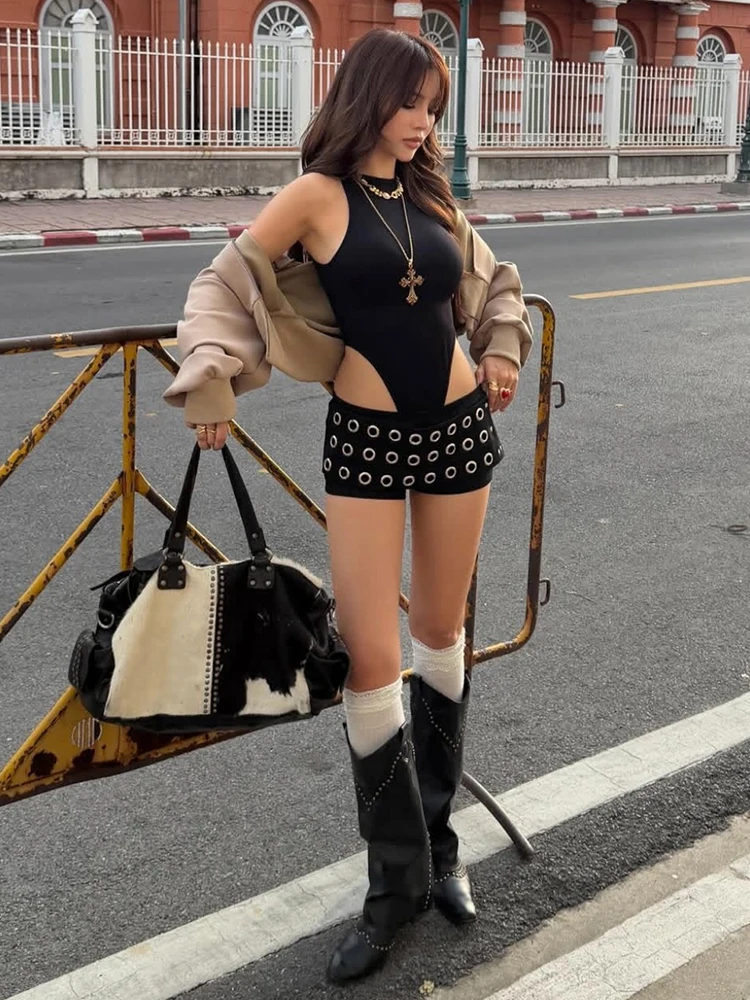 Kliou High Street Style Mini Shorts Woman Metal Rings Hollow Decoration Elastic High Waist Hot Girls Sexy Fashion Skinny Bottoms