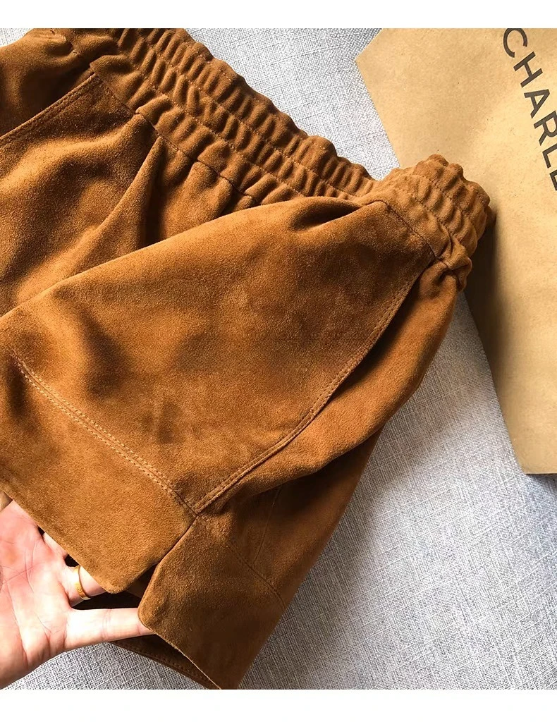 Suede Leather Shorts Women Spring Genuine Leather Harajuku Vertical Bar Short Britches Casual Bloomers Coffee Shorts de Mujeres