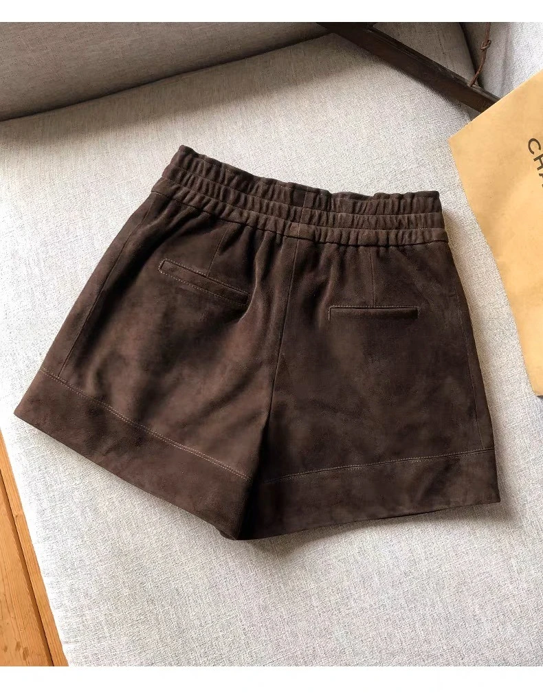 Suede Leather Shorts Women Spring Genuine Leather Harajuku Vertical Bar Short Britches Casual Bloomers Coffee Shorts de Mujeres