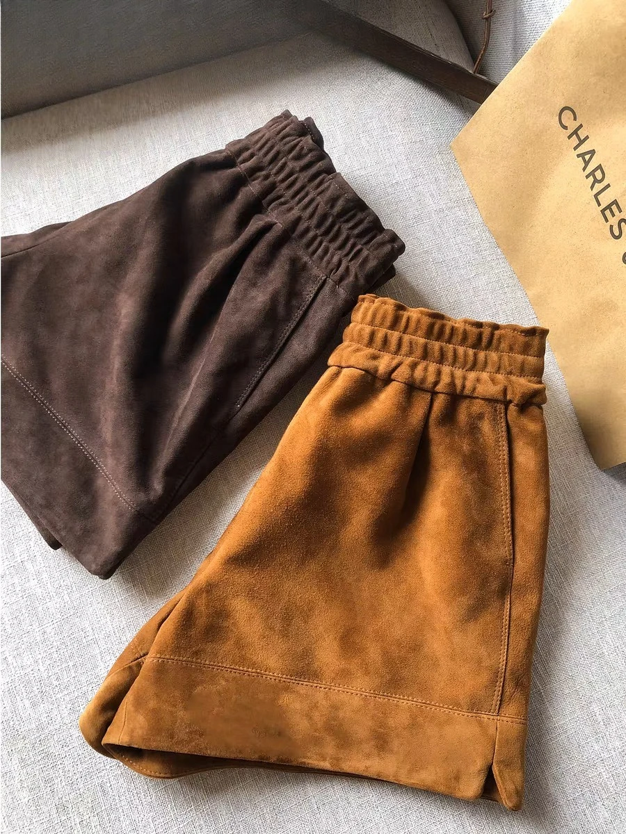 Suede Leather Shorts Women Spring Genuine Leather Harajuku Vertical Bar Short Britches Casual Bloomers Coffee Shorts de Mujeres
