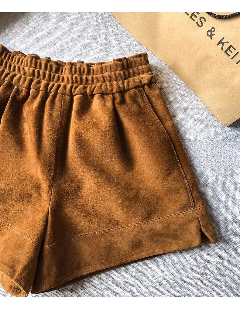 Suede Leather Shorts Women Spring Genuine Leather Harajuku Vertical Bar Short Britches Casual Bloomers Coffee Shorts de Mujeres