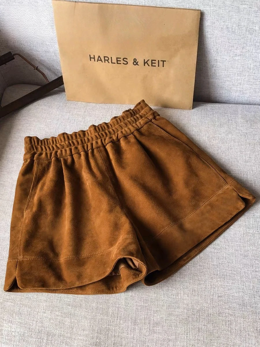 Suede Leather Shorts Women Spring Genuine Leather Harajuku Vertical Bar Short Britches Casual Bloomers Coffee Shorts de Mujeres