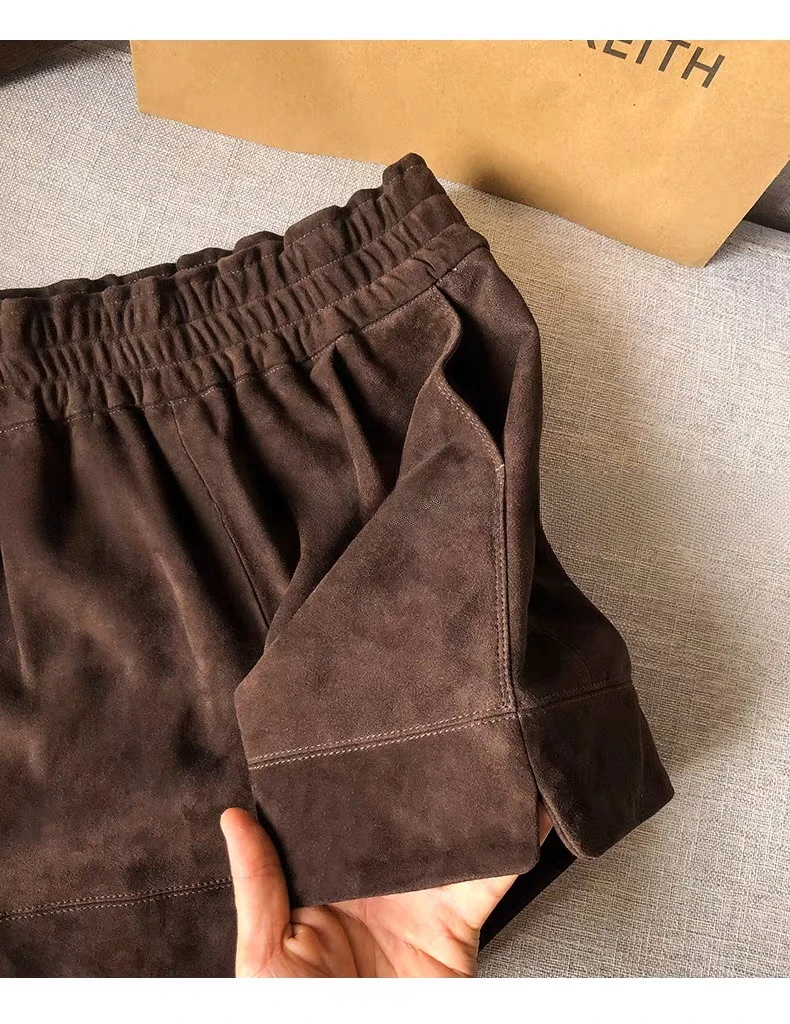 Suede Leather Shorts Women Spring Genuine Leather Harajuku Vertical Bar Short Britches Casual Bloomers Coffee Shorts de Mujeres