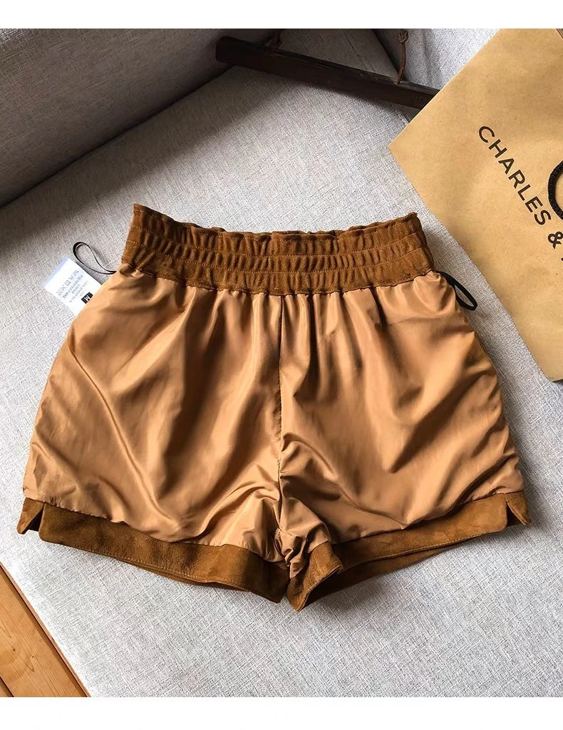 Suede Leather Shorts Women Spring Genuine Leather Harajuku Vertical Bar Short Britches Casual Bloomers Coffee Shorts de Mujeres