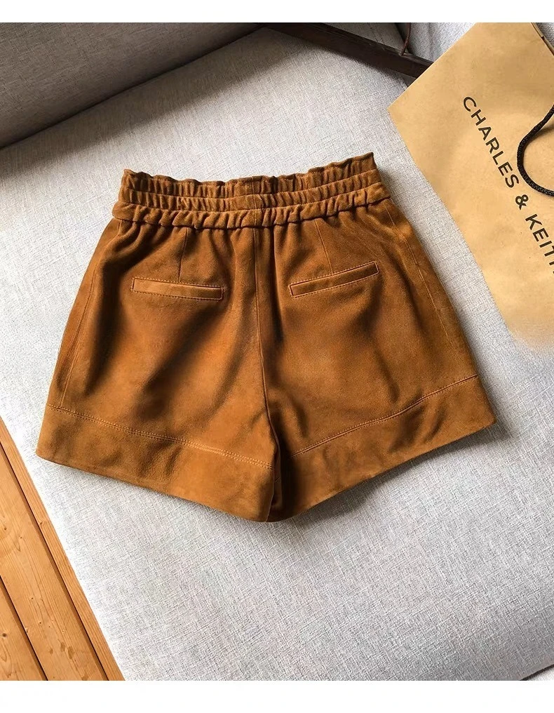 Suede Leather Shorts Women Spring Genuine Leather Harajuku Vertical Bar Short Britches Casual Bloomers Coffee Shorts de Mujeres