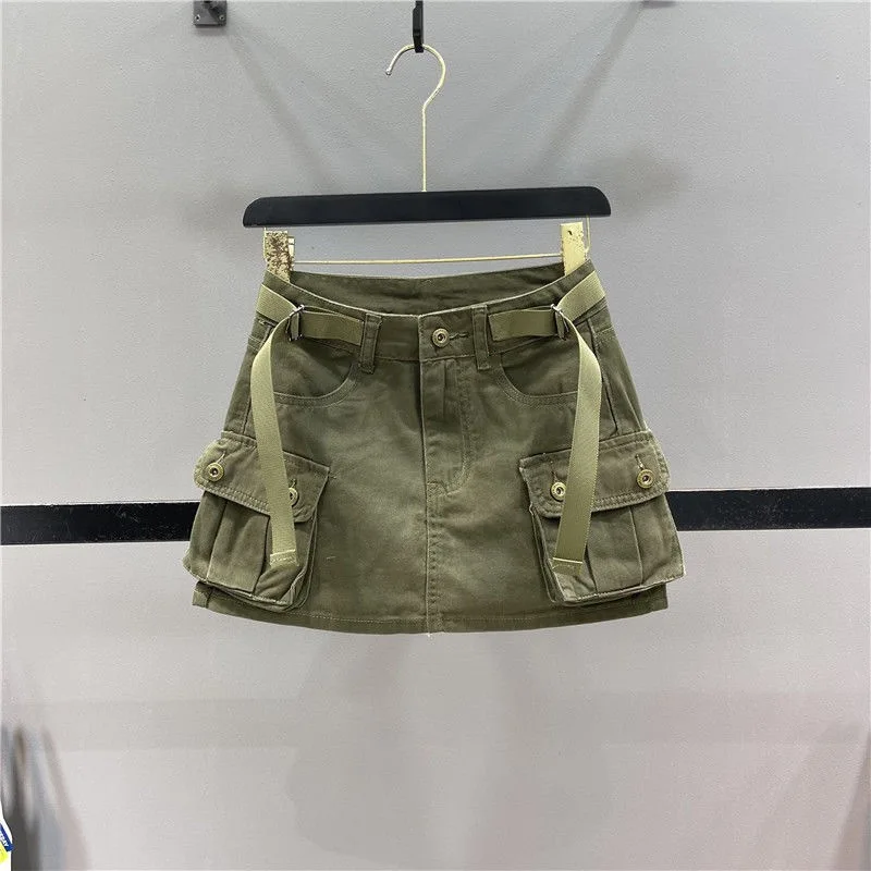 2024 New Fashion Three Dimensional Strap Pocket Wash High Tooling Denim Skirt Women Y2K Summer Vintage Casual Joker A Skirt