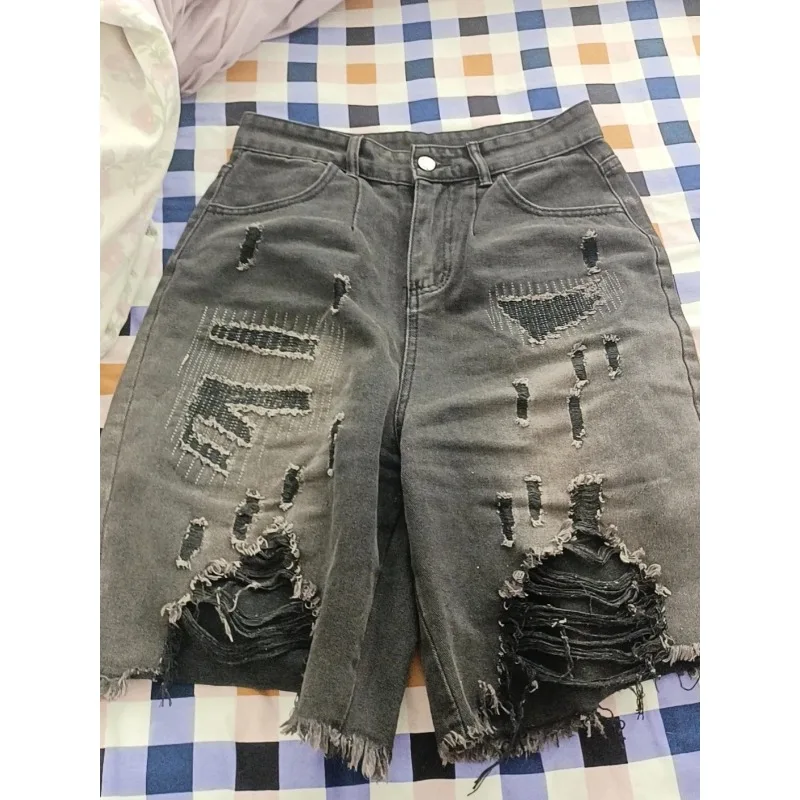 American Vintage Hole Denim Shorts for Women Summer High Waist Wide Leg Shorts 2026 New Loose Straight Five-point Pants Kawaii