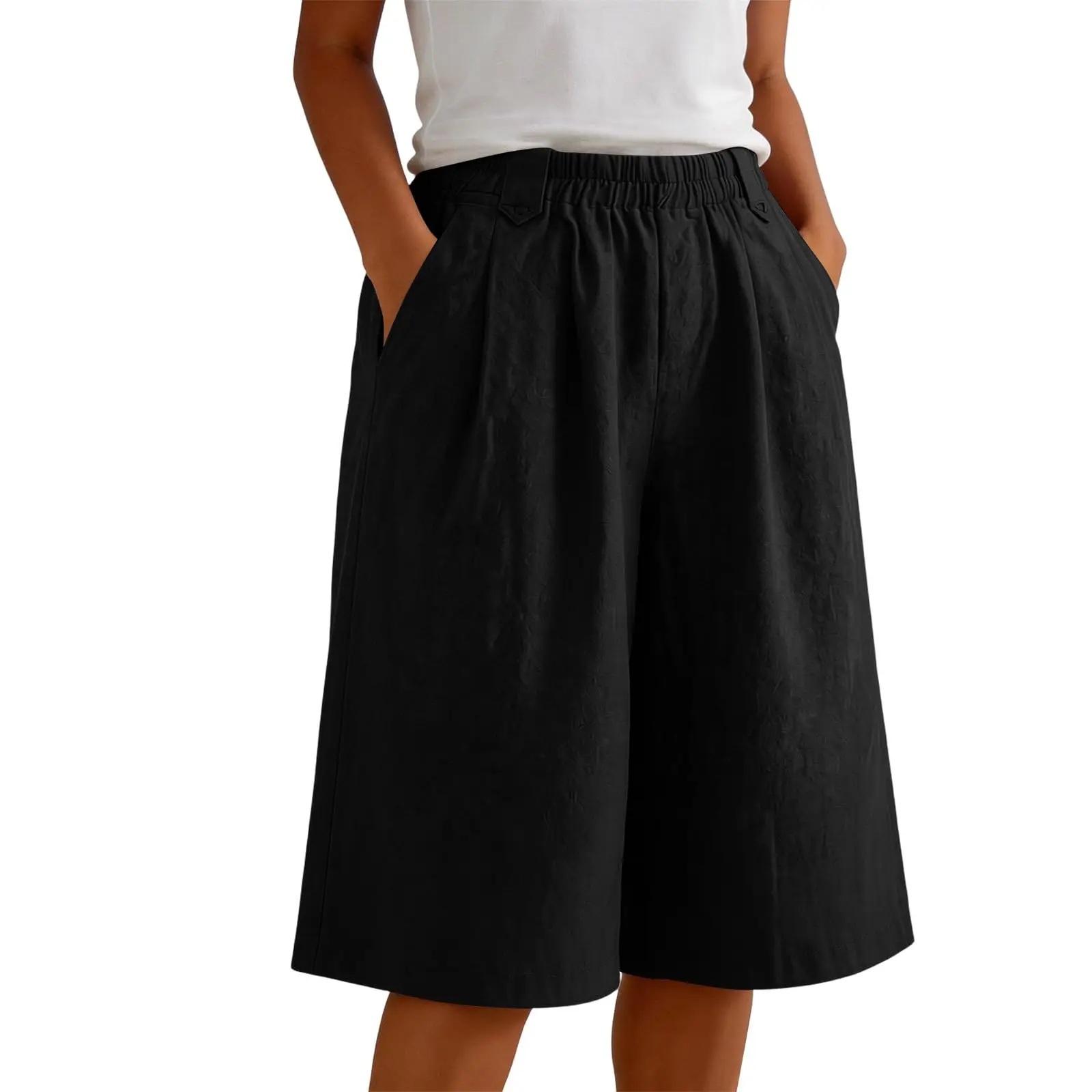 Women'S Casual Wide Leg Shorts Elastic Waist Knee Length Loose Shorts With Pockets Summer Seven Quarter Pants Plus Size Clothing