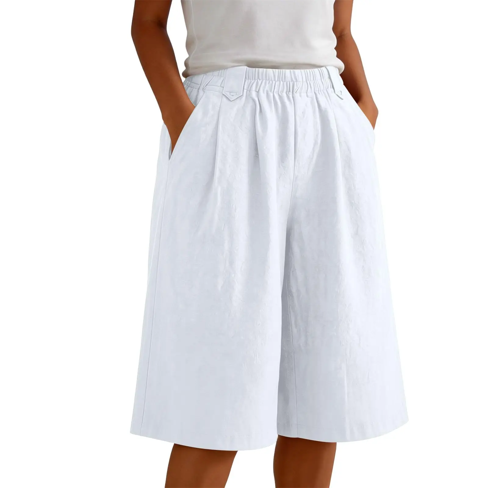 Women'S Casual Wide Leg Shorts Elastic Waist Knee Length Loose Shorts With Pockets Summer Seven Quarter Pants Plus Size Clothing