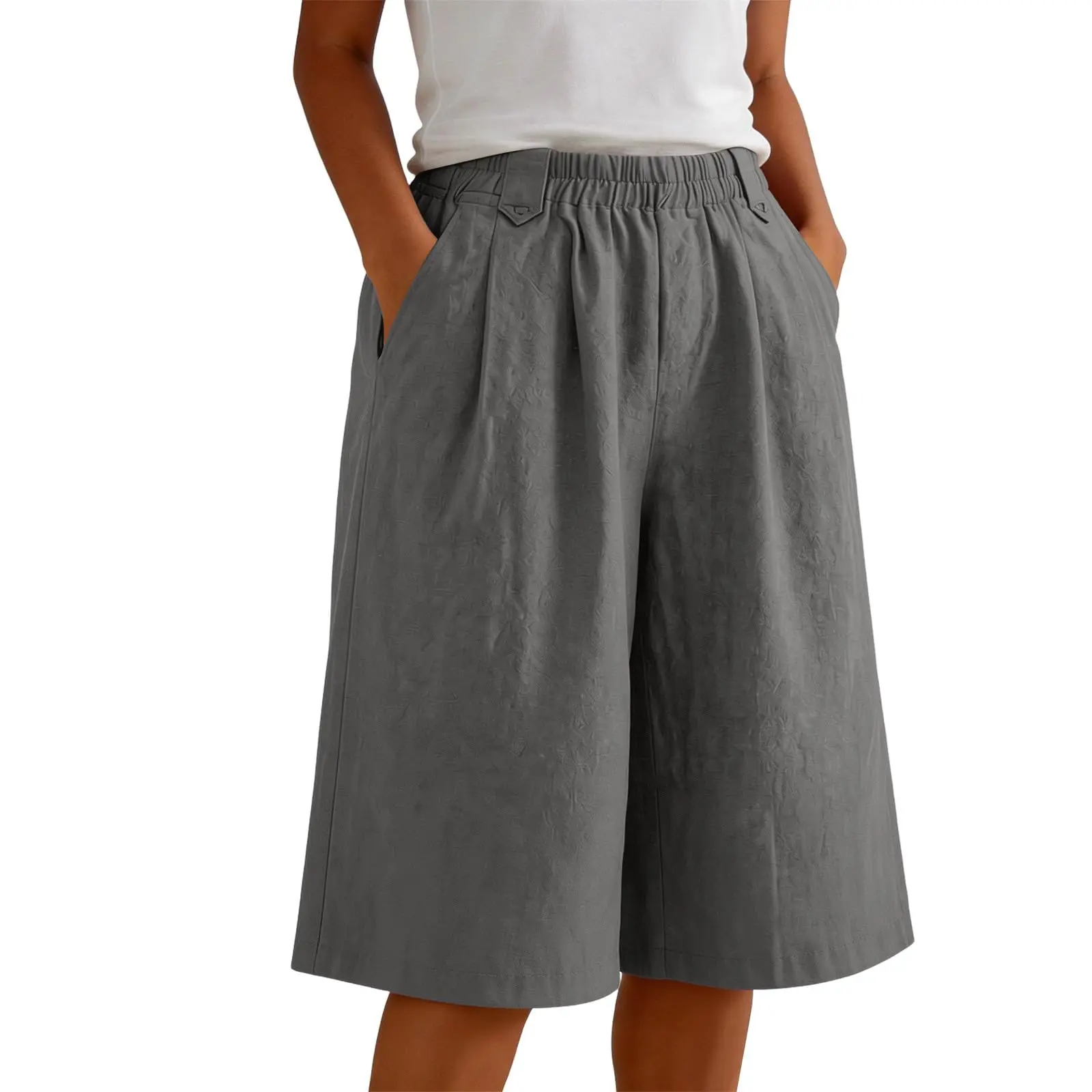 Women'S Casual Wide Leg Shorts Elastic Waist Knee Length Loose Shorts With Pockets Summer Seven Quarter Pants Plus Size Clothing