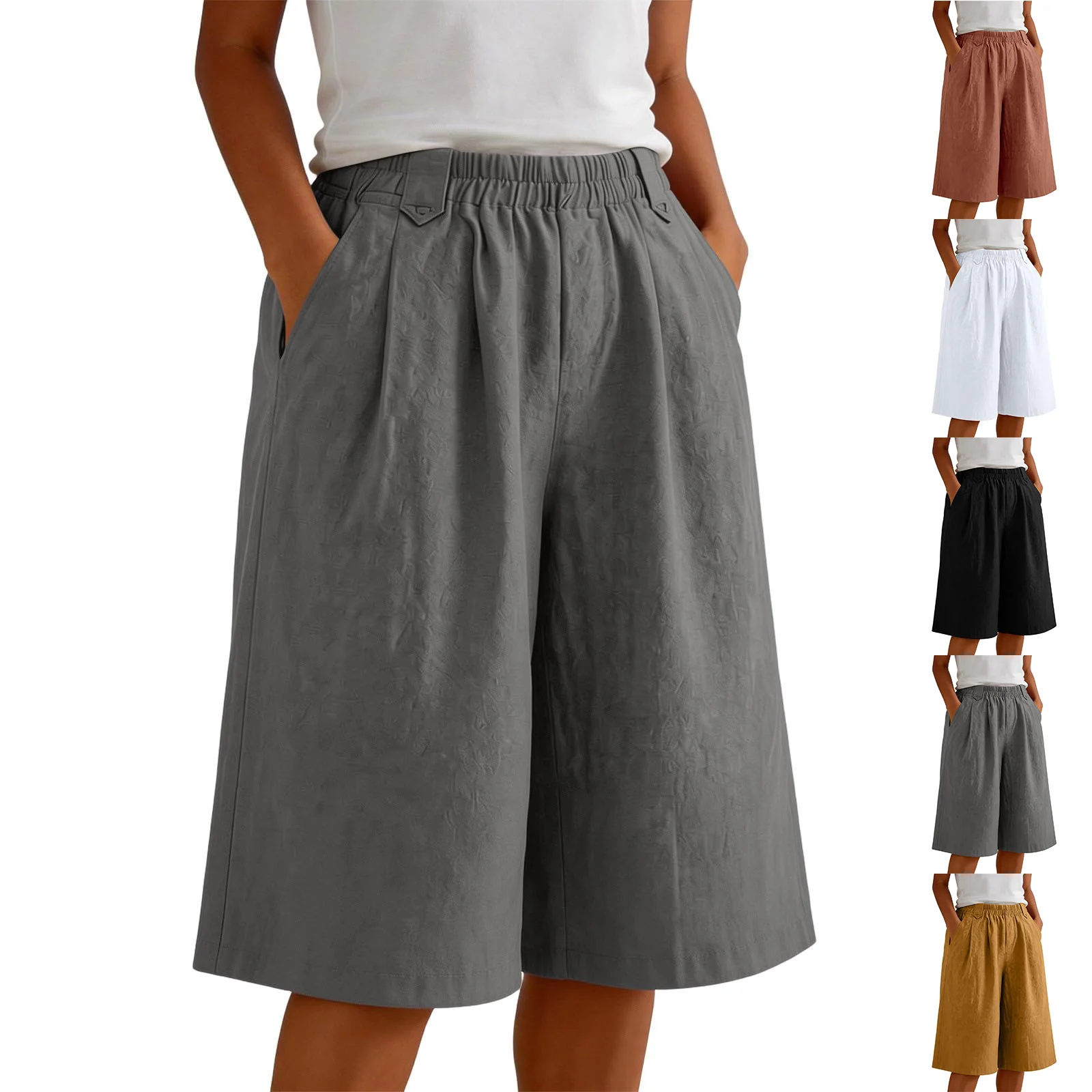 Women'S Casual Wide Leg Shorts Elastic Waist Knee Length Loose Shorts With Pockets Summer Seven Quarter Pants Plus Size Clothing