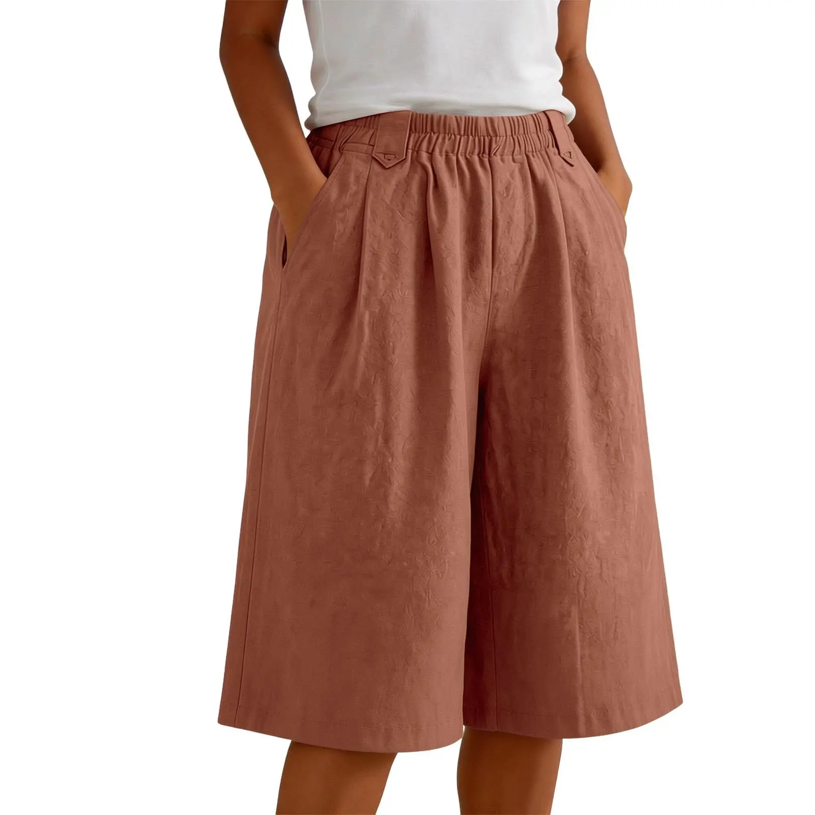Women'S Casual Wide Leg Shorts Elastic Waist Knee Length Loose Shorts With Pockets Summer Seven Quarter Pants Plus Size Clothing