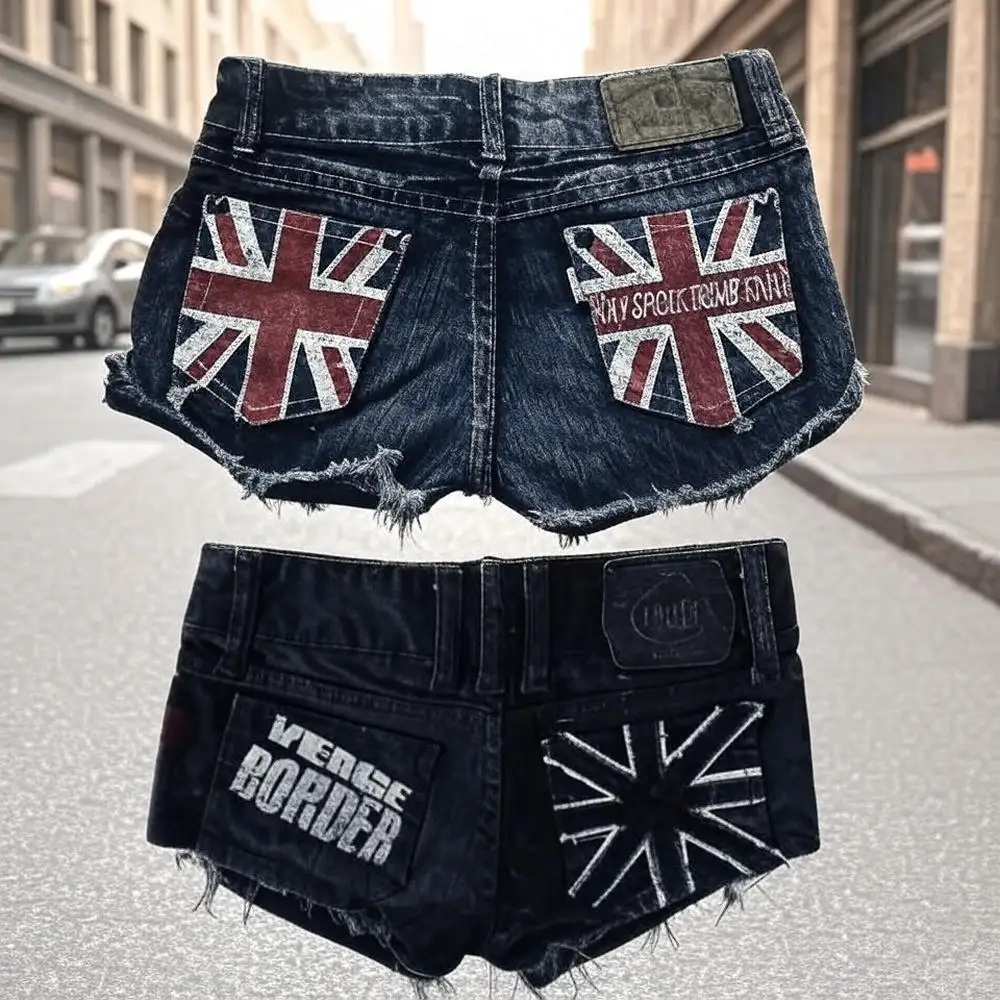 Sweetheart Vintage Y2K Zipper Pocket Denim Shorts Women Black Low Rise Distressed Jeans Flag Patch Chain Frayed Edges Streetwear