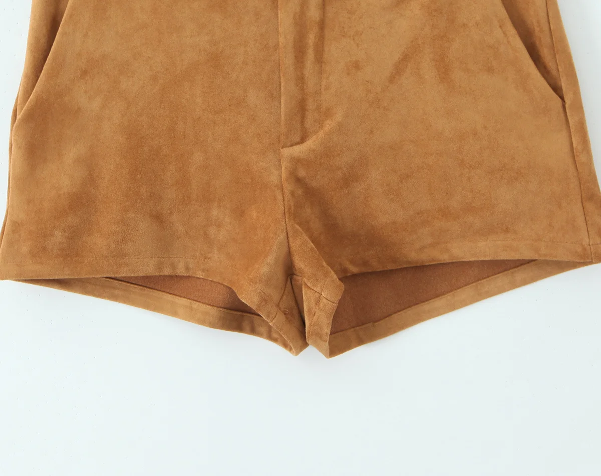 YENKYE Retro Brown Faux Suede Shorts Women High Waist Casual Short Pants