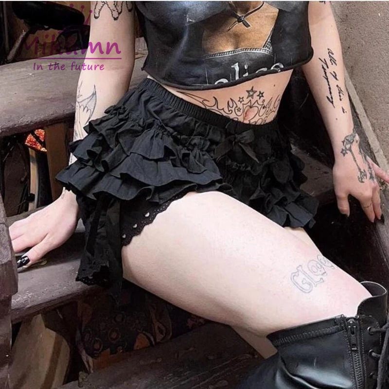 Mikumn Harajuku Gothic Lolita Black Lace Safety Shorts Women Y2k Kawaii Pumpkin Pants Layered Ruffles Vintage Victorian Bloomers