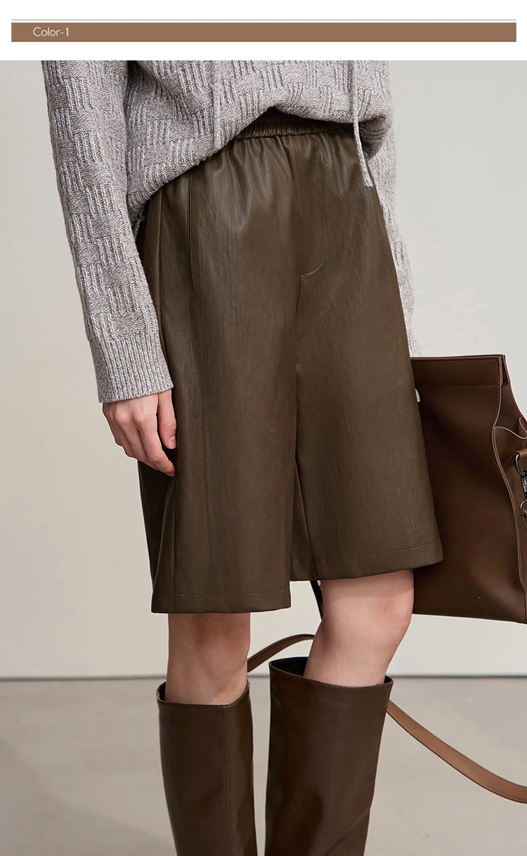 Amii Shorts For Woman 2025 Winter New Straight Versatile Leather Casual Shorts Women's PU Wide-leg Solid Color Pants 12544065
