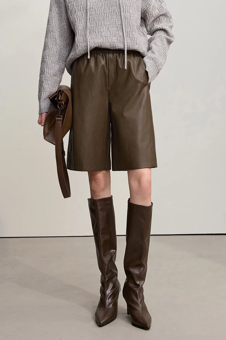 Amii Shorts For Woman 2025 Winter New Straight Versatile Leather Casual Shorts Women's PU Wide-leg Solid Color Pants 12544065